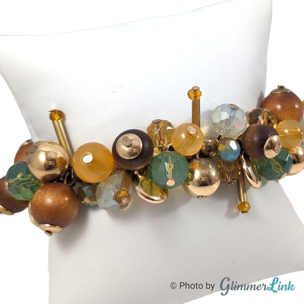 Earth Tones Mixed Media Beaded Cluster Stretch Bracelet